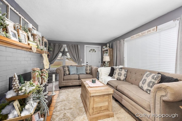 living room with a textured ceiling