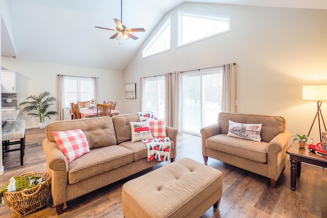 living room featuring ceiling fan, high vaulted ceiling, and dark wood-type flooring