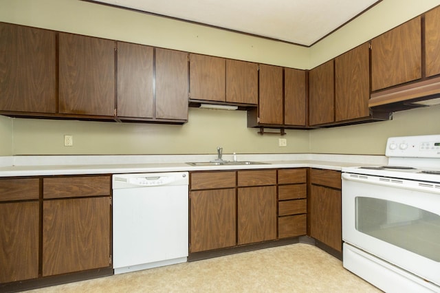 kitchen featuring white appliances, extractor fan, and sink