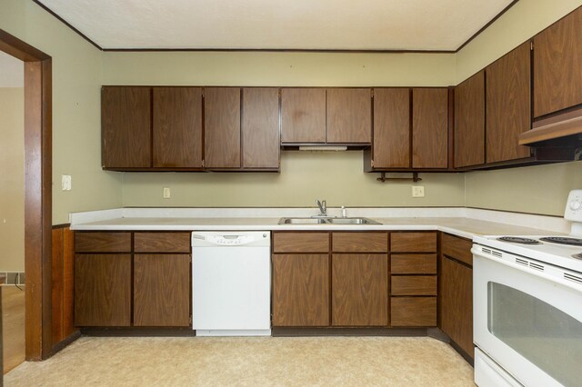 kitchen featuring white appliances, ventilation hood, ornamental molding, and sink