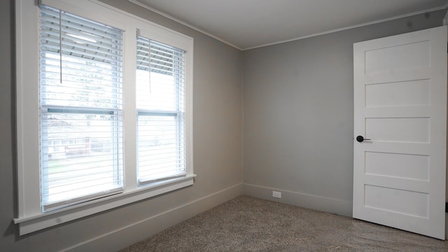 carpeted spare room with ornamental molding