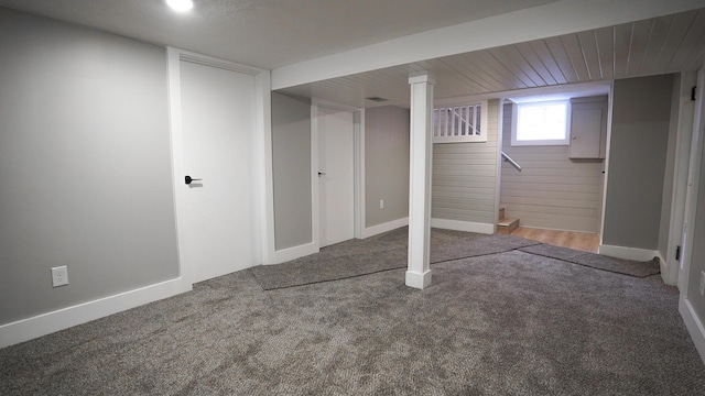 basement featuring carpet flooring