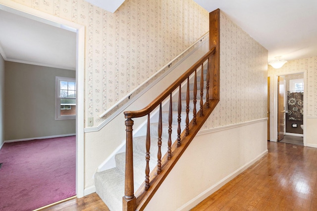 staircase with wood-type flooring and ornamental molding