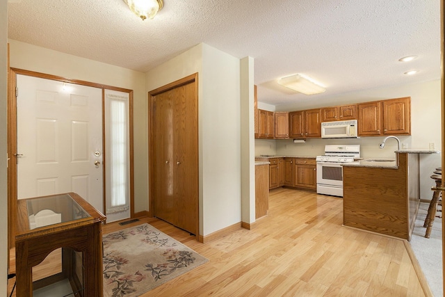 foyer featuring a textured ceiling, light hardwood / wood-style floors, and sink