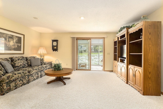 living room featuring light colored carpet and a textured ceiling