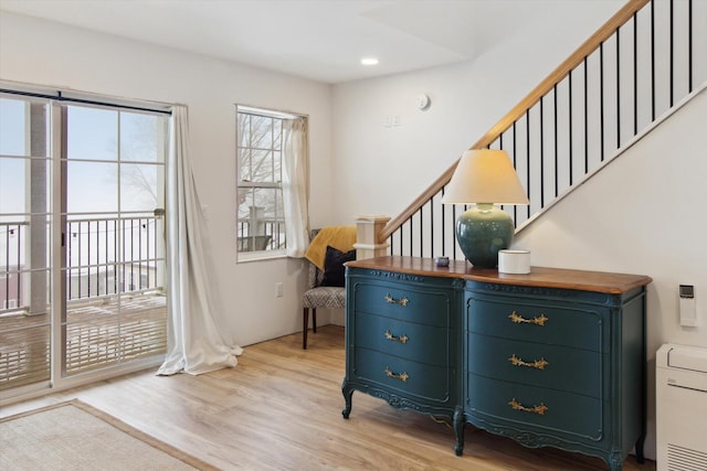 10606 Lake St, Chippewa Lake, MI 49320 - entrance foyer with light wood-style flooring, stairway, and recessed lighting