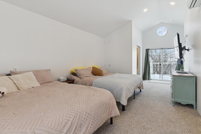 10606 Lake St, Chippewa Lake, MI 49320 - carpeted bedroom with a wall mounted AC, recessed lighting, and high vaulted ceiling