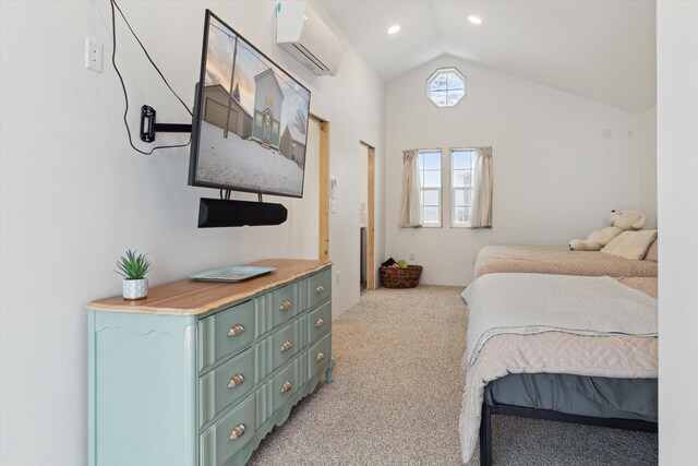 10606 Lake St, Chippewa Lake, MI 49320 - bedroom featuring a wall unit AC, light colored carpet, and high vaulted ceiling