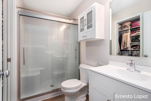 bathroom with vanity, toilet, and a shower with shower door