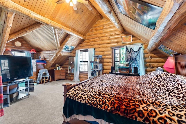 carpeted bedroom with ceiling fan, beamed ceiling, log walls, and high vaulted ceiling