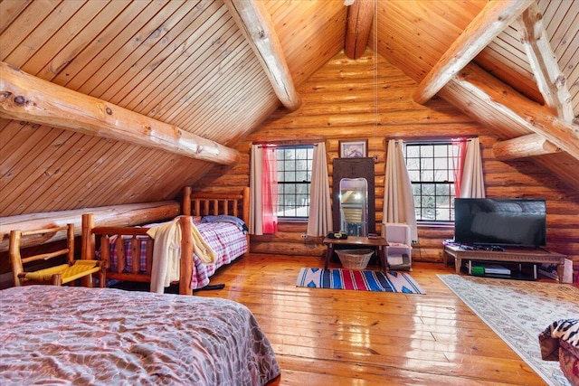 bedroom with beamed ceiling, light hardwood / wood-style flooring, rustic walls, and wooden ceiling