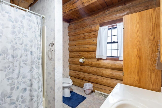 bathroom featuring a shower with shower curtain, wood ceiling, log walls, beam ceiling, and toilet