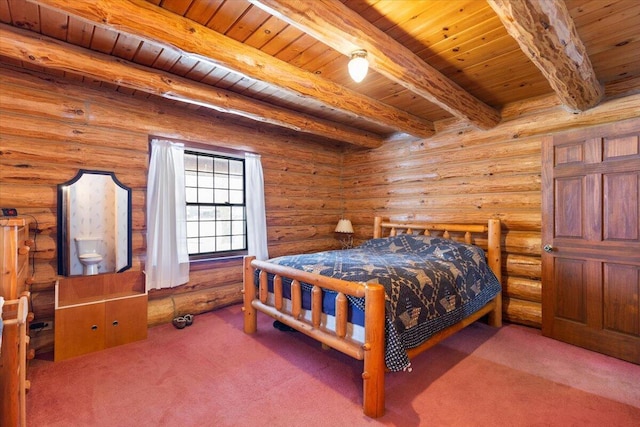 bedroom with beam ceiling, log walls, wooden ceiling, and carpet