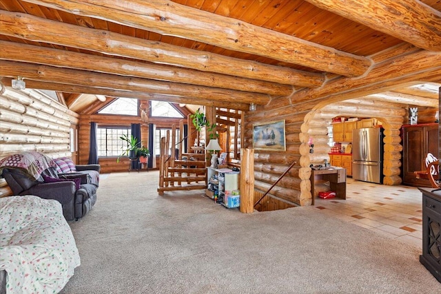 carpeted living room featuring log walls, wooden ceiling, and beamed ceiling