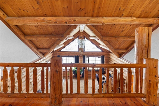 room details featuring beam ceiling, wood ceiling, and wood-type flooring