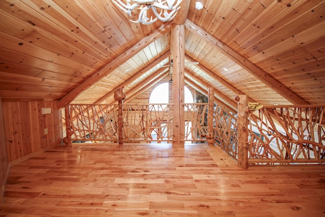 additional living space with hardwood / wood-style flooring, lofted ceiling with beams, wood ceiling, and wooden walls