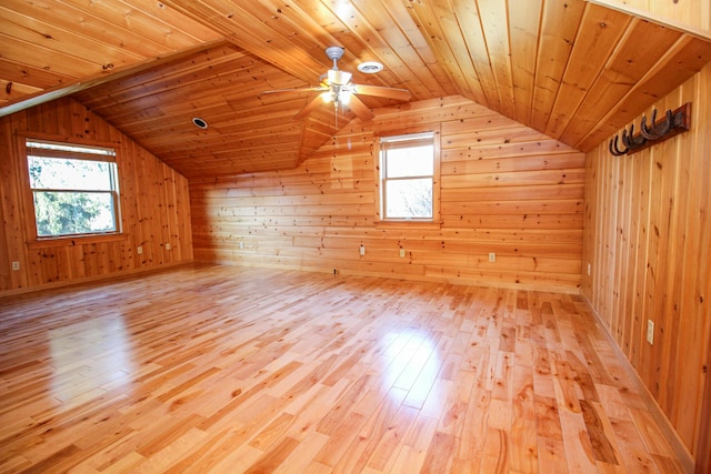 bonus room with ceiling fan, wooden ceiling, wood walls, light hardwood / wood-style floors, and vaulted ceiling