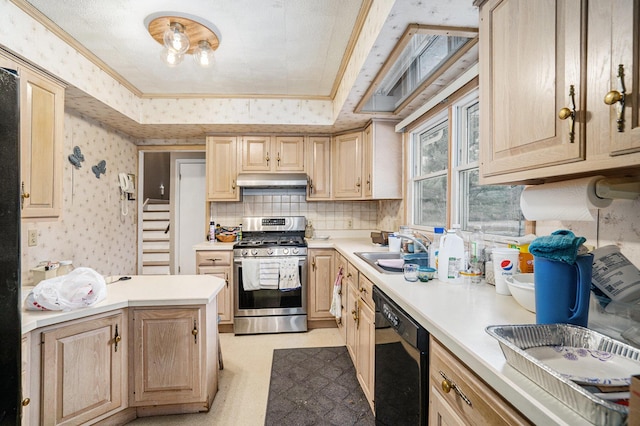 kitchen with black dishwasher, light brown cabinets, stainless steel gas stove, and sink