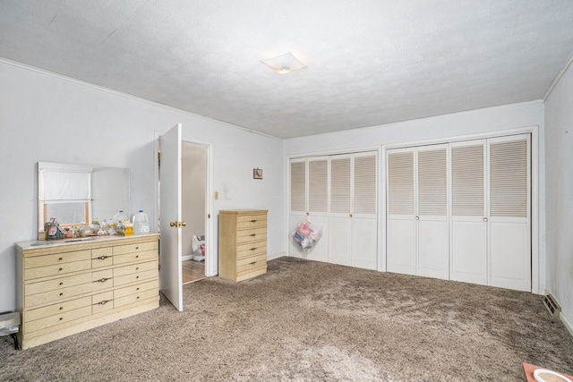 bedroom featuring carpet floors, a textured ceiling, and multiple closets