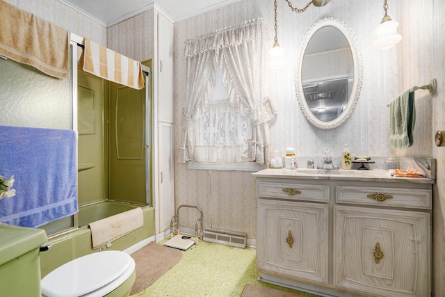 full bathroom with toilet, combined bath / shower with glass door, crown molding, and vanity