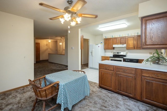 kitchen with stainless steel range with electric stovetop, ceiling fan, white refrigerator with ice dispenser, and light carpet