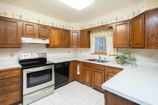 kitchen featuring sink, black dishwasher, light tile patterned flooring, and stainless steel electric range