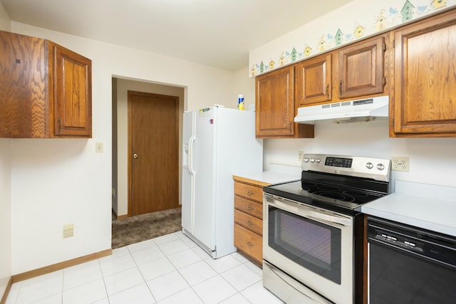 kitchen with stainless steel electric stove, white refrigerator with ice dispenser, black dishwasher, and light tile patterned floors