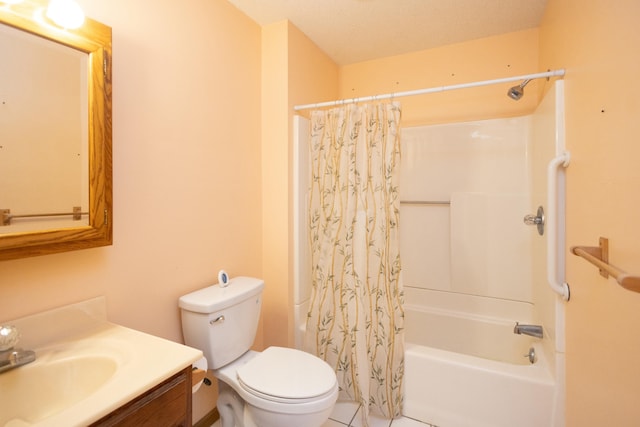 full bathroom with vanity, tile patterned flooring, toilet, a textured ceiling, and shower / tub combo with curtain