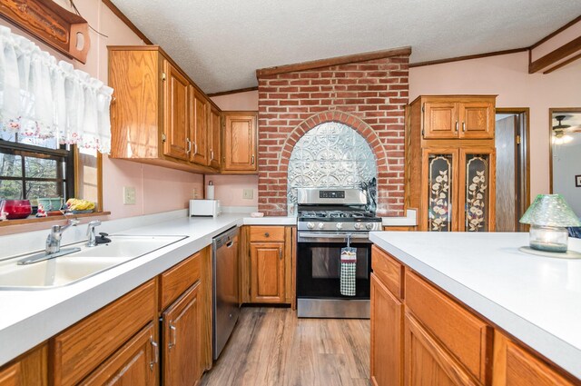 kitchen with sink, vaulted ceiling, ornamental molding, appliances with stainless steel finishes, and light hardwood / wood-style floors