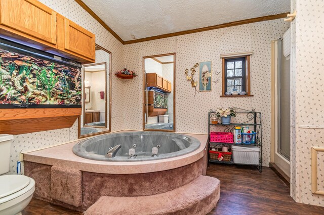 bathroom featuring plus walk in shower, ornamental molding, a textured ceiling, and hardwood / wood-style flooring