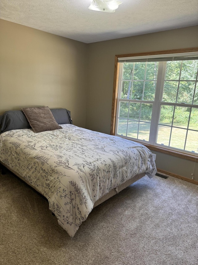 carpeted bedroom with a textured ceiling and multiple windows