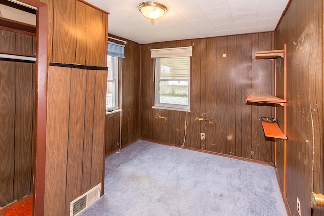 carpeted empty room featuring wood walls