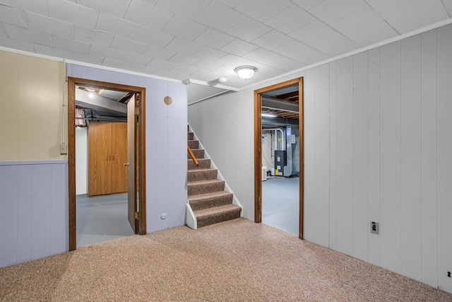 basement with carpet, crown molding, and wood walls