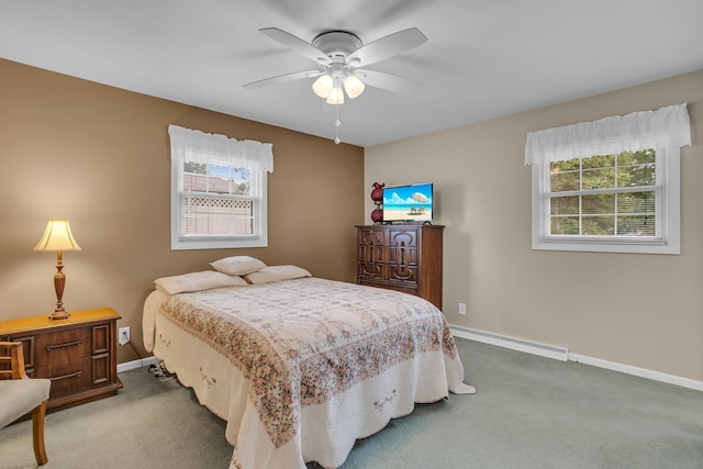 bedroom featuring ceiling fan, carpet, and a baseboard heating unit