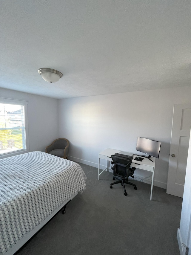 bedroom featuring dark colored carpet