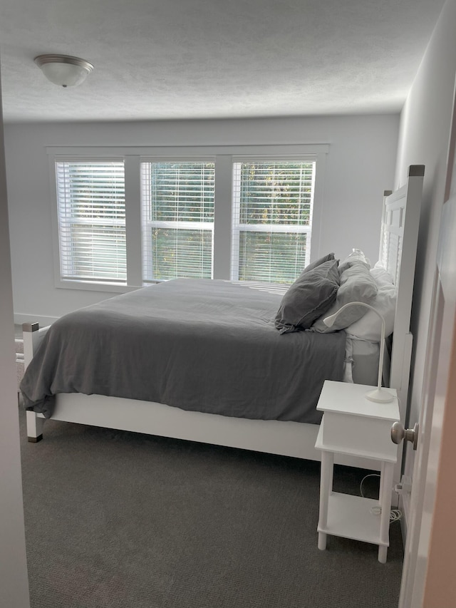 carpeted bedroom with a textured ceiling