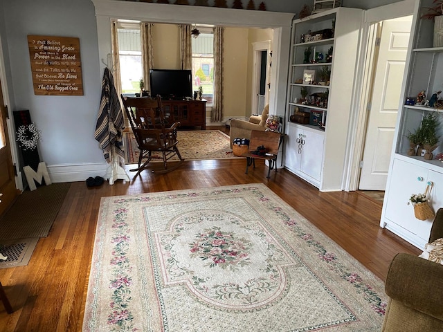 living room with dark hardwood / wood-style floors