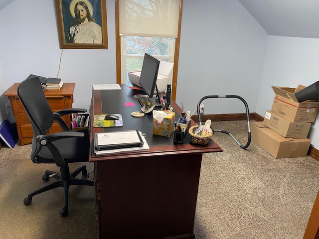 office area with carpet and vaulted ceiling