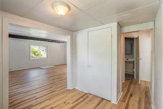 corridor with a paneled ceiling and light hardwood / wood-style floors