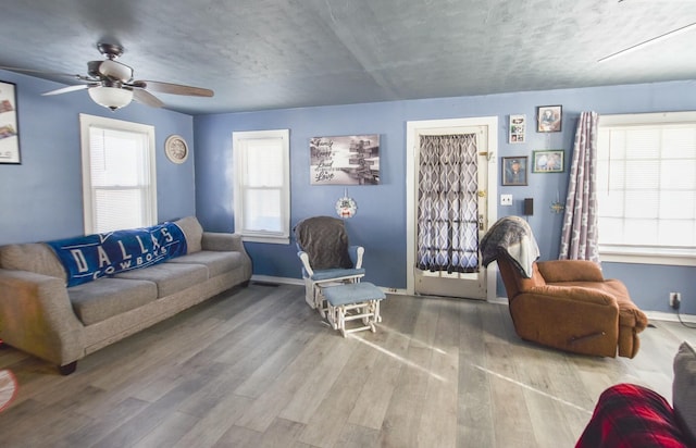 living room with ceiling fan and hardwood / wood-style flooring