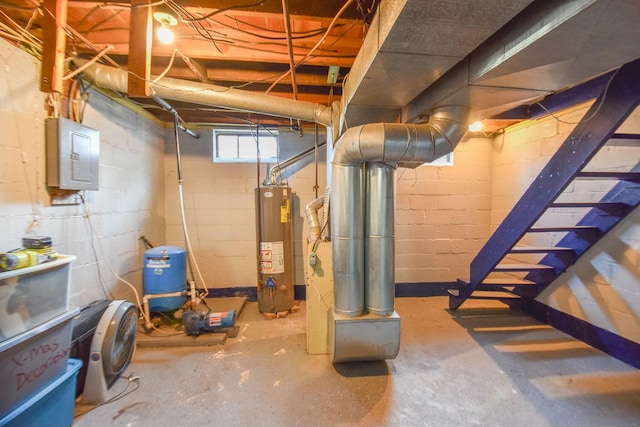 basement with electric panel and water heater