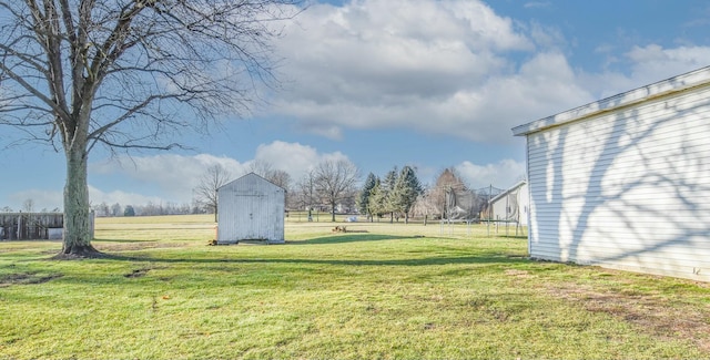 view of yard featuring a shed and a trampoline