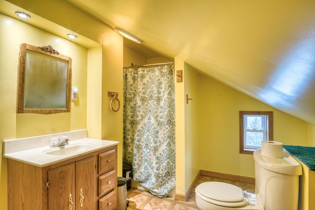 bathroom featuring parquet floors, walk in shower, vaulted ceiling, toilet, and vanity