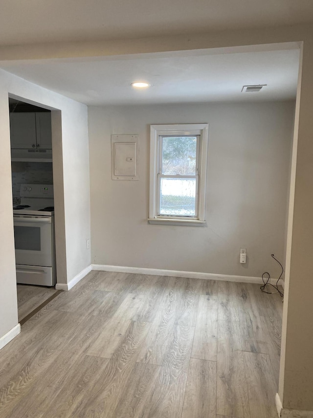 empty room featuring light wood-type flooring and electric panel