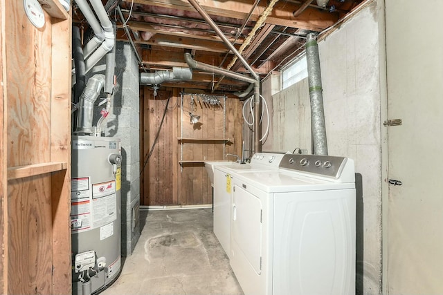 laundry room with washer and dryer and water heater