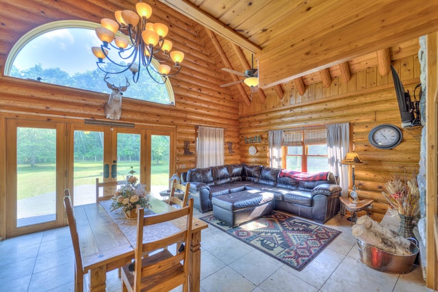 living room with beam ceiling, french doors, log walls, high vaulted ceiling, and light tile patterned flooring