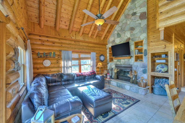 tiled living room with high vaulted ceiling, a stone fireplace, ceiling fan, log walls, and beam ceiling