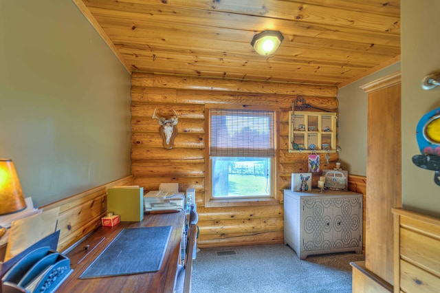 office space featuring log walls, dark carpet, and wood ceiling