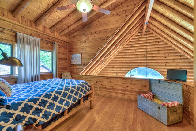 bedroom featuring ceiling fan, beamed ceiling, wood walls, wood-type flooring, and wood ceiling