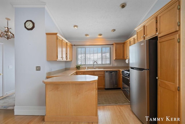 kitchen with light brown cabinets, crown molding, sink, light hardwood / wood-style floors, and stainless steel appliances